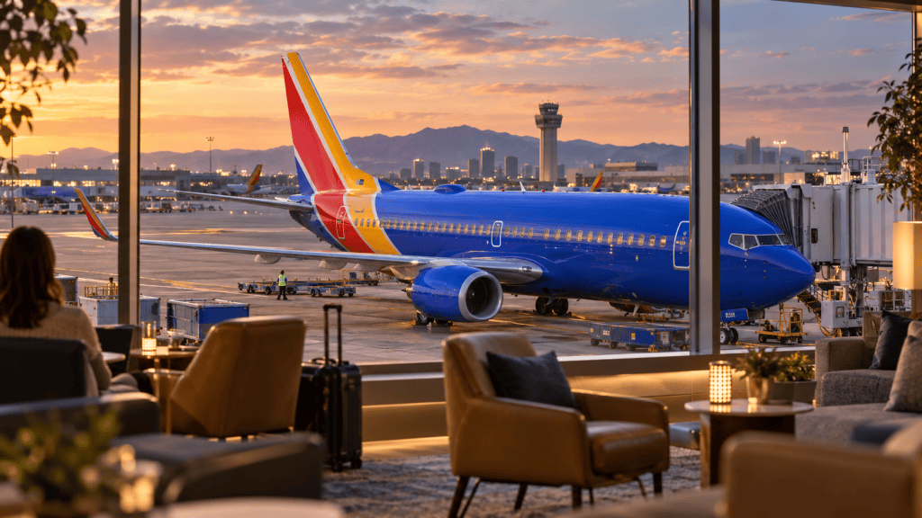 Southwest Airlines aircraft at an airport terminal as the airline expands into assigned seating, premium travel, and airport lounges