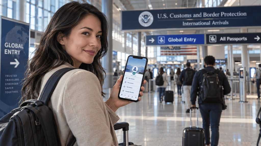 Traveler using the new DHS Trusted Traveler app near Global Entry signage at an international airport